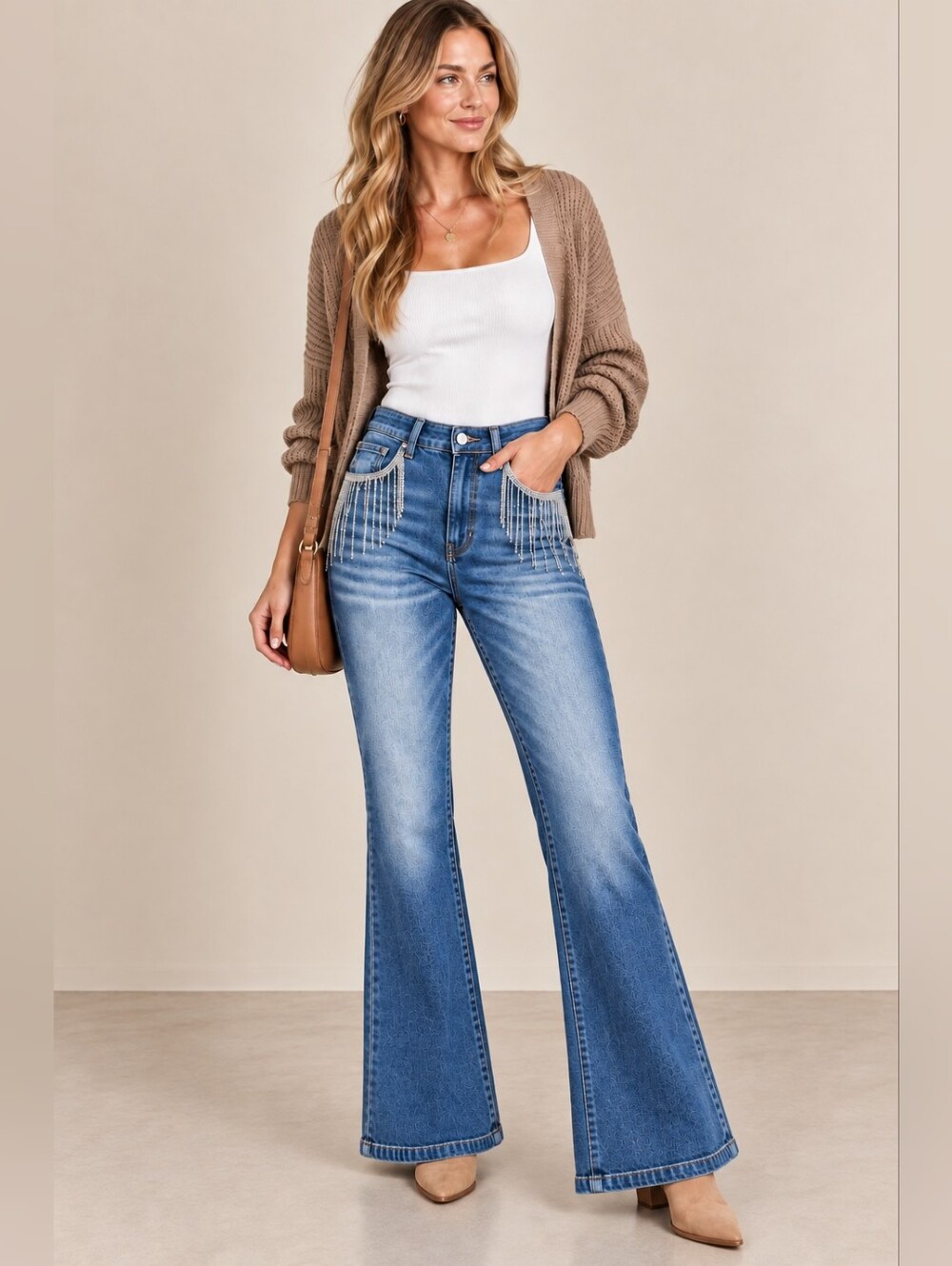 RISEN Women's Wide Flare Jeans Embellished HR Stretch Barbie Western 11/30 NEW